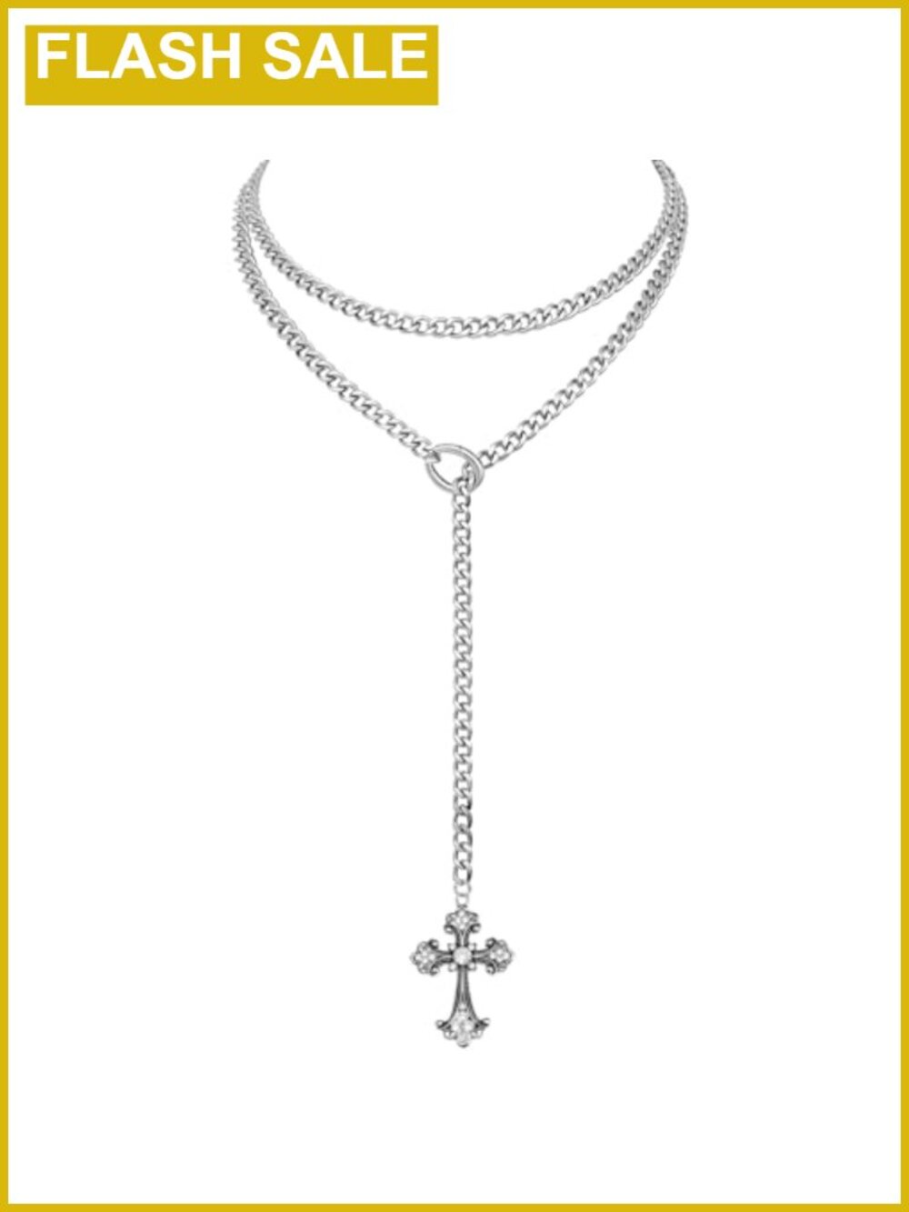 Gothic Rhinestone Cross Y-Necklace Cuban Chain Adjustable Lariat